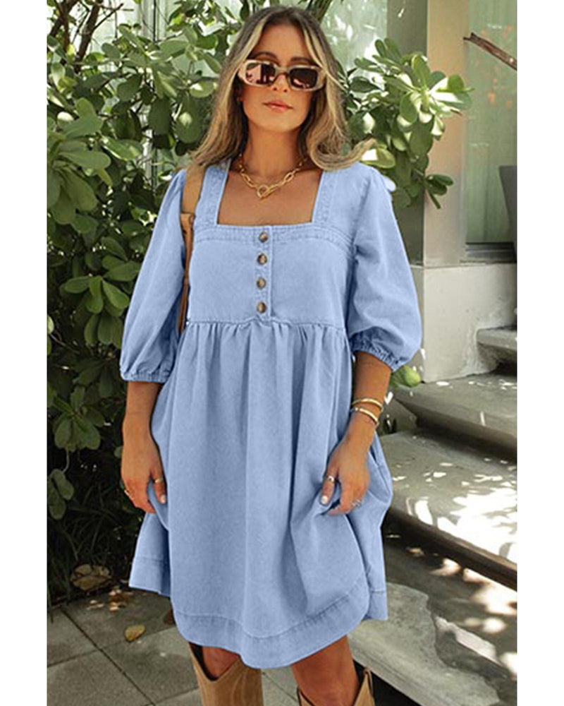 Beau Blue Denim Button Detail Babydoll Square Neck Mini Dress - L