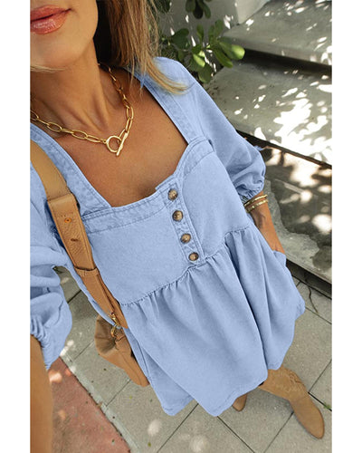 Beau Blue Denim Button Detail Babydoll Square Neck Mini Dress - L