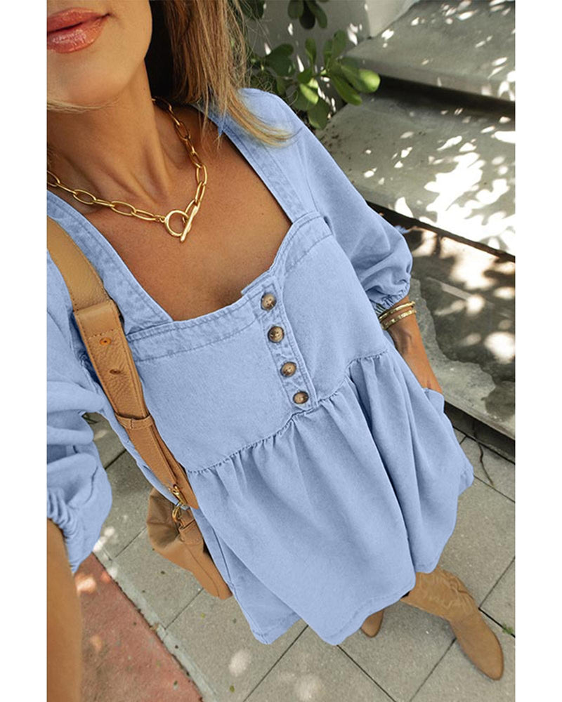 Beau Blue Denim Button Detail Babydoll Square Neck Mini Dress - L