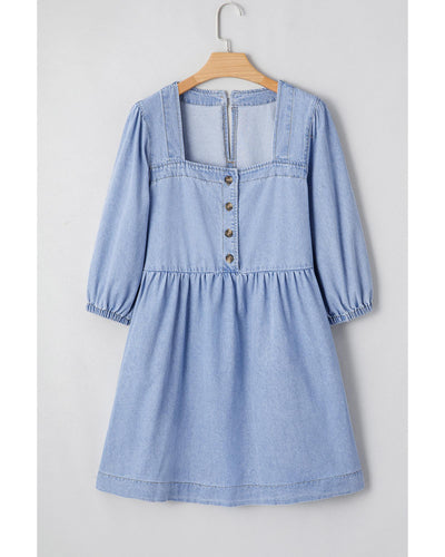 Beau Blue Denim Button Detail Babydoll Square Neck Mini Dress - L