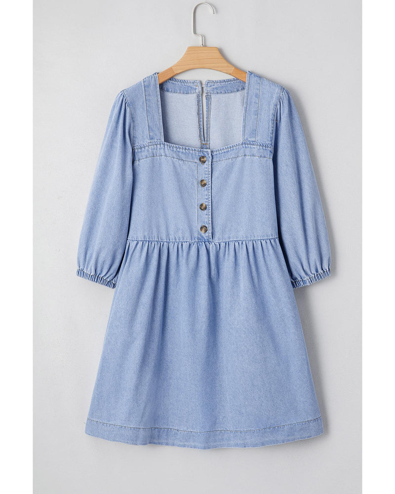 Beau Blue Denim Button Detail Babydoll Square Neck Mini Dress - L