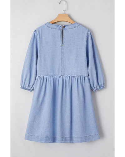 Beau Blue Denim Button Detail Babydoll Square Neck Mini Dress - L