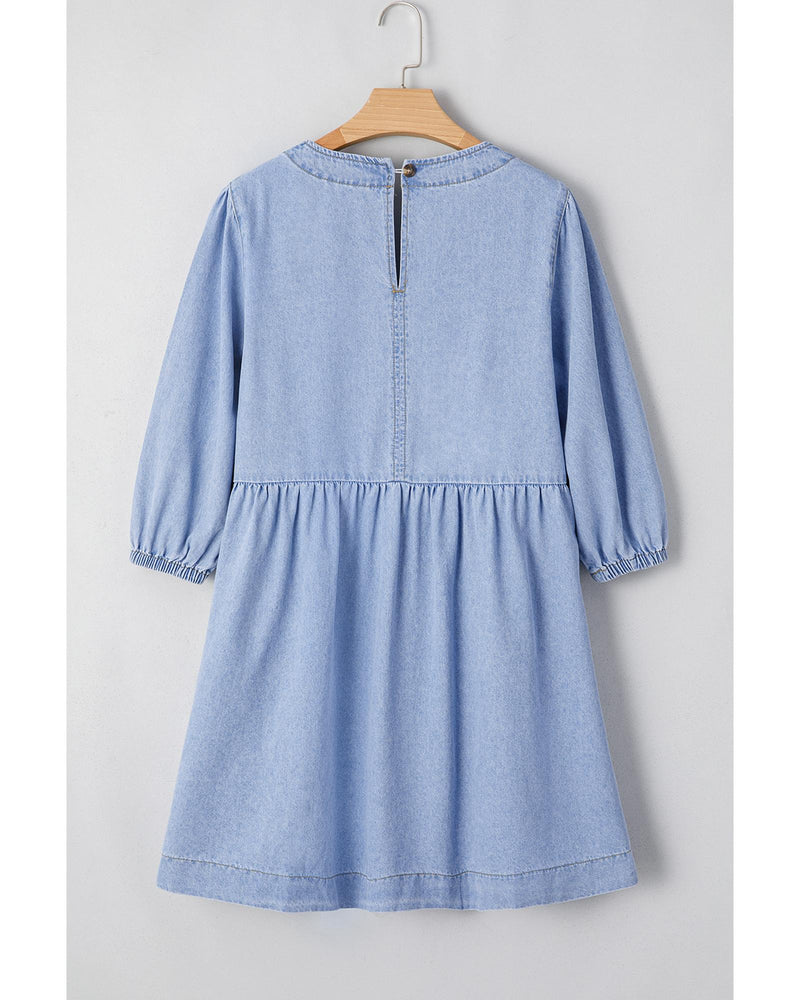 Beau Blue Denim Button Detail Babydoll Square Neck Mini Dress - L