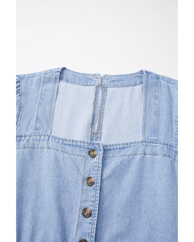 Beau Blue Denim Button Detail Babydoll Square Neck Mini Dress - L