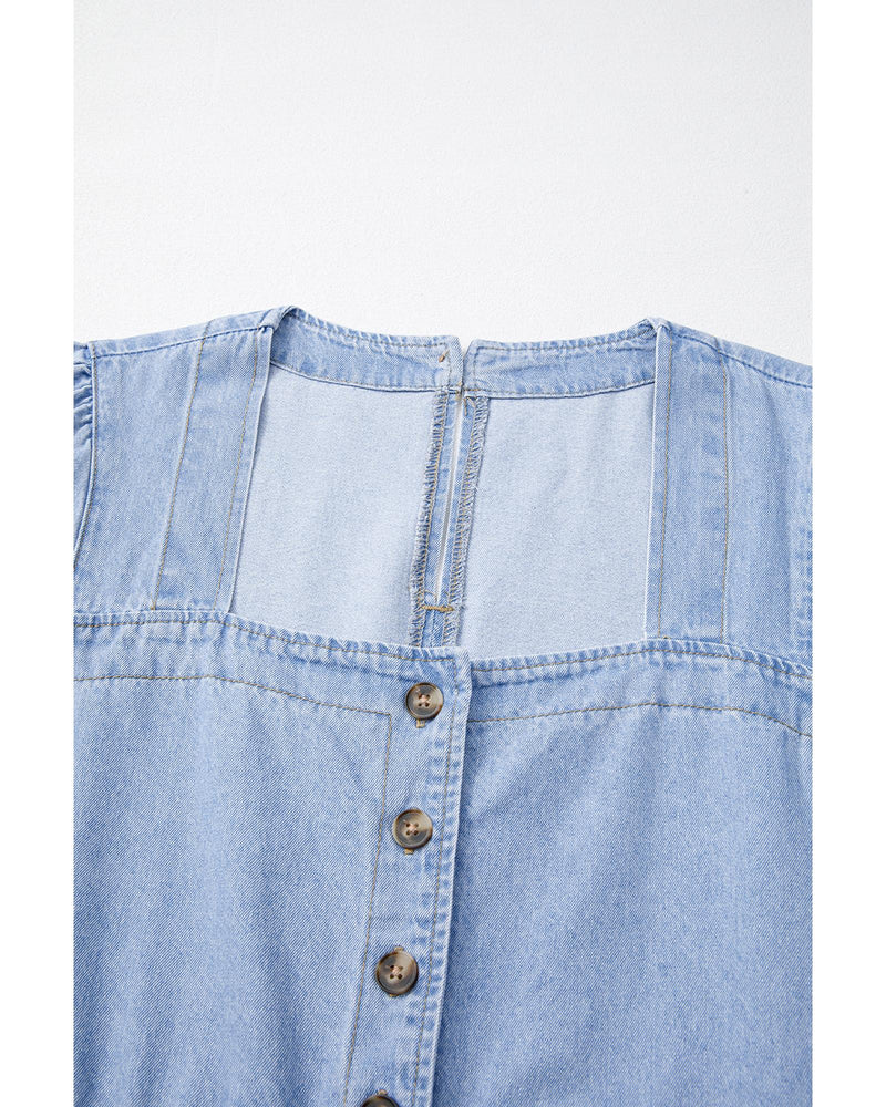 Beau Blue Denim Button Detail Babydoll Square Neck Mini Dress - L