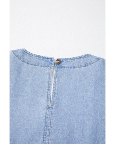 Beau Blue Denim Button Detail Babydoll Square Neck Mini Dress - L