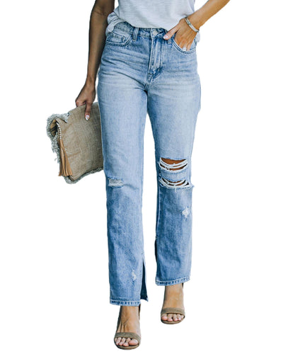 Azura Exchange Ripped High Waist Straight Leg Jeans with Side Splits - 6 US
