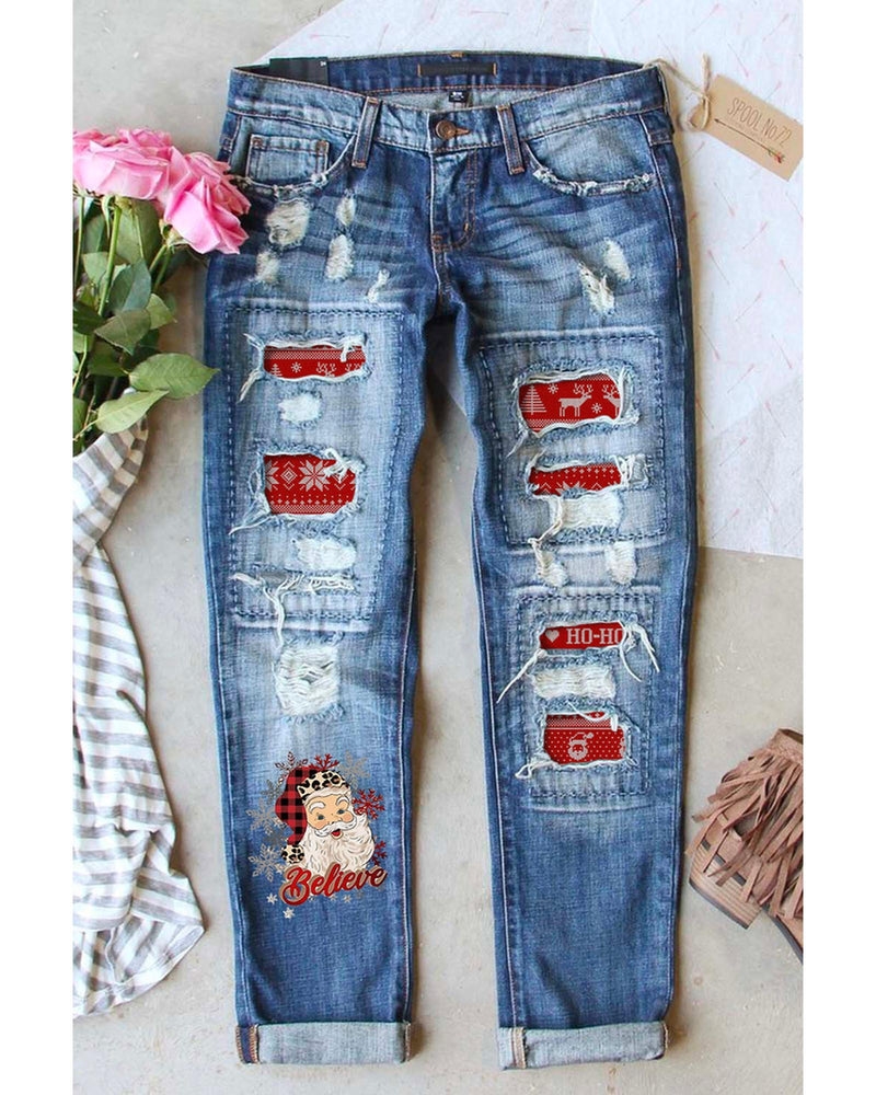 Azura Exchange Distressed Boyfriend Jeans with Santa Claus Pattern - S