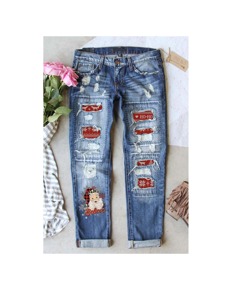 Azura Exchange Distressed Boyfriend Jeans with Santa Claus Pattern - S