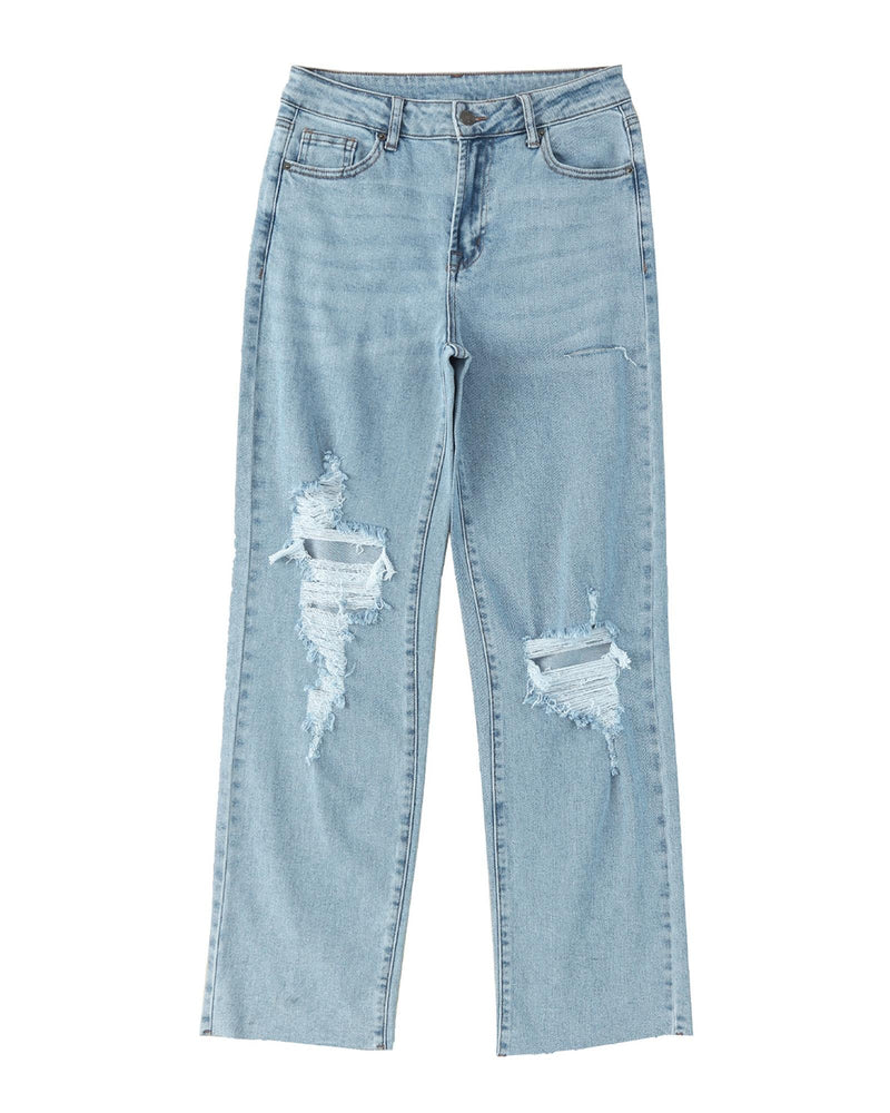 Azura Exchange Distressed Straight Leg Jeans with Frayed Hem - 14 US