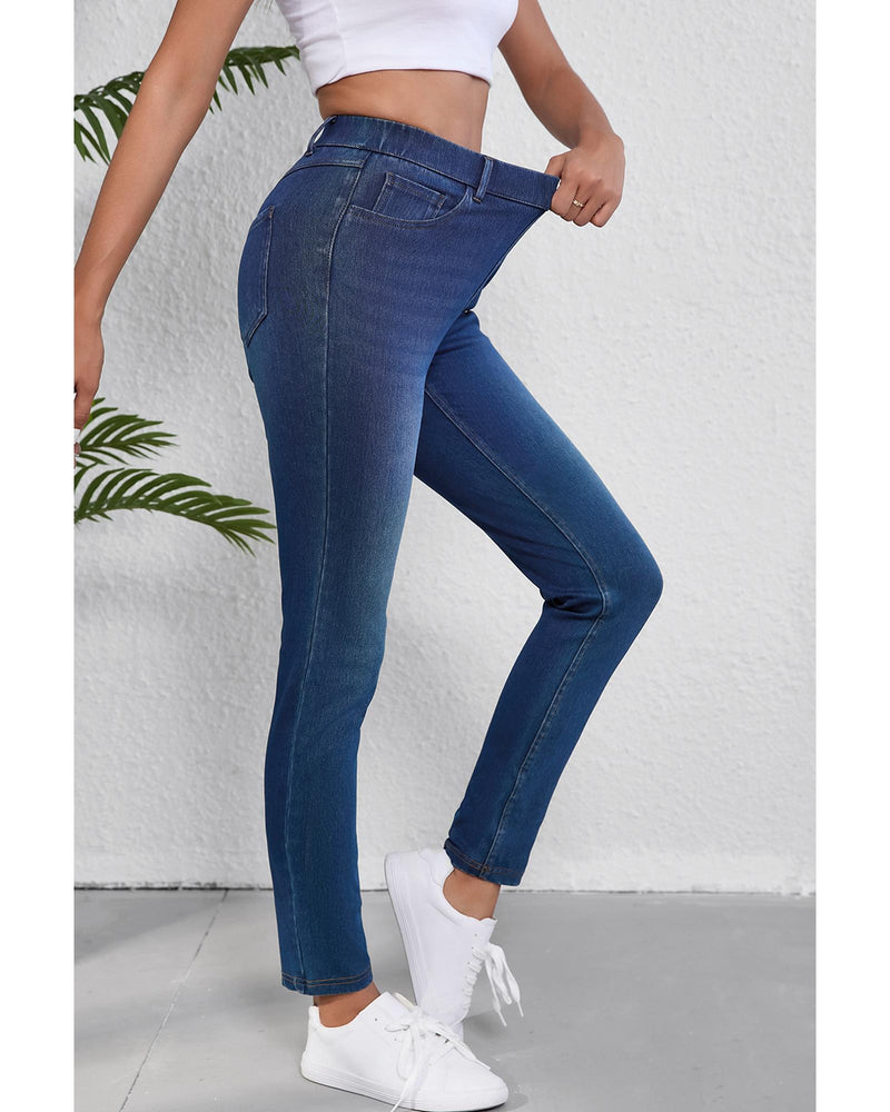Ashleigh Blue Multiple Pockets Straight Leg Washed Stretchy Knit Casual Jeans - S