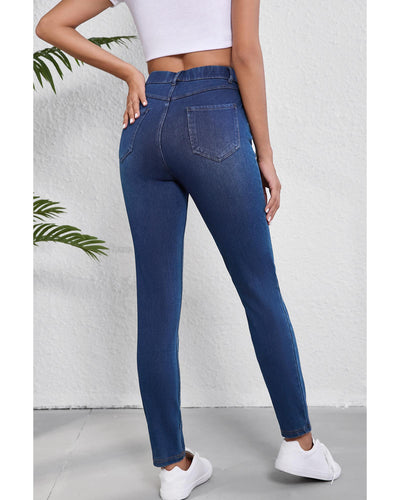 Ashleigh Blue Multiple Pockets Straight Leg Washed Stretchy Knit Casual Jeans - S