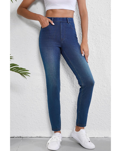 Ashleigh Blue Multiple Pockets Straight Leg Washed Stretchy Knit Casual Jeans - S