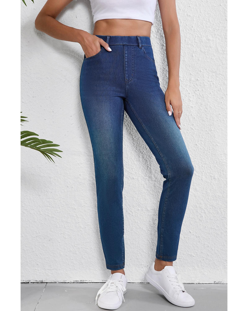 Ashleigh Blue Multiple Pockets Straight Leg Washed Stretchy Knit Casual Jeans - S