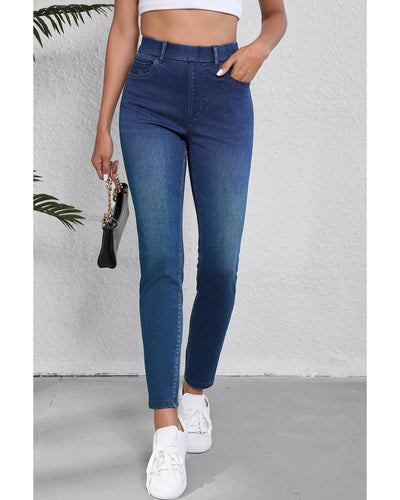 Ashleigh Blue Multiple Pockets Straight Leg Washed Stretchy Knit Casual Jeans - S