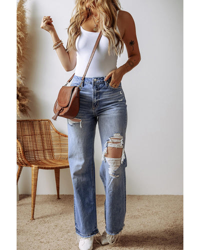 Ashleigh Blue Distressed Raw Hem Straight Leg High Waist Jeans - 10 US