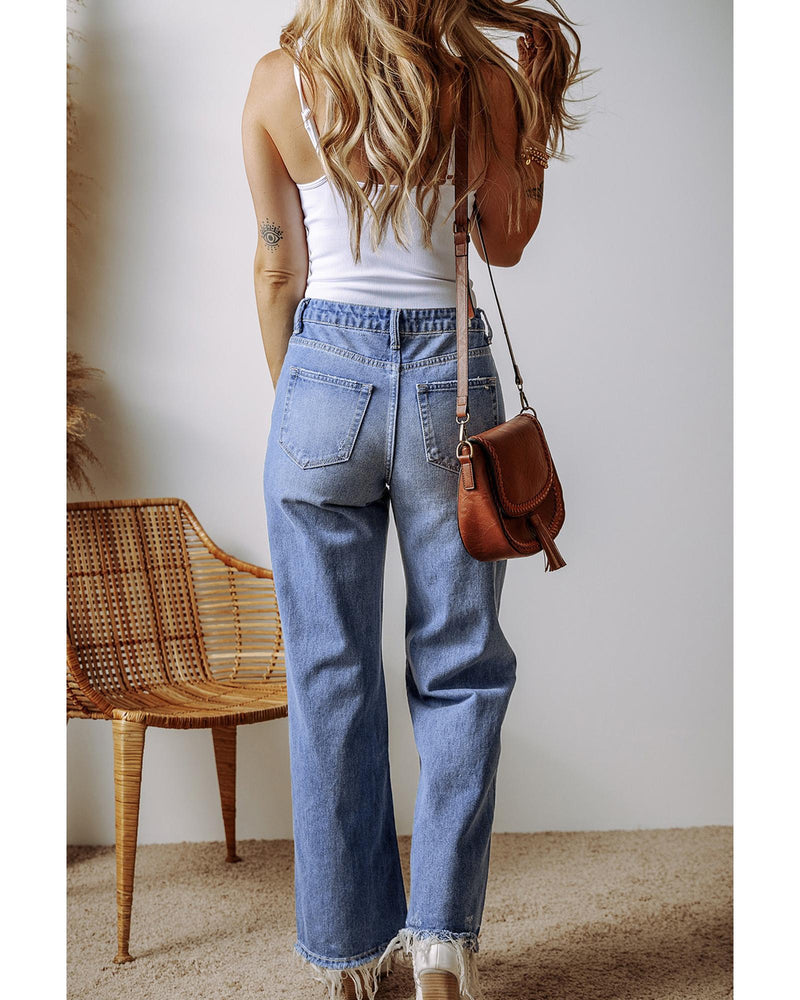 Ashleigh Blue Distressed Raw Hem Straight Leg High Waist Jeans - 14 US