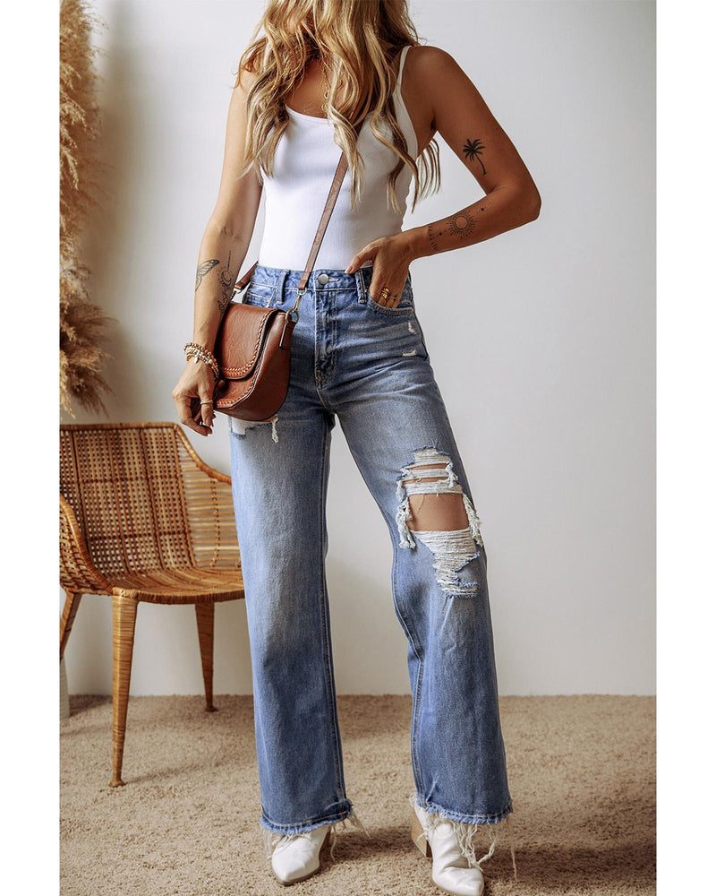 Ashleigh Blue Distressed Raw Hem Straight Leg High Waist Jeans - 14 US