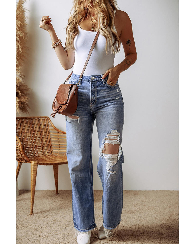 Ashleigh Blue Distressed Raw Hem Straight Leg High Waist Jeans - 14 US