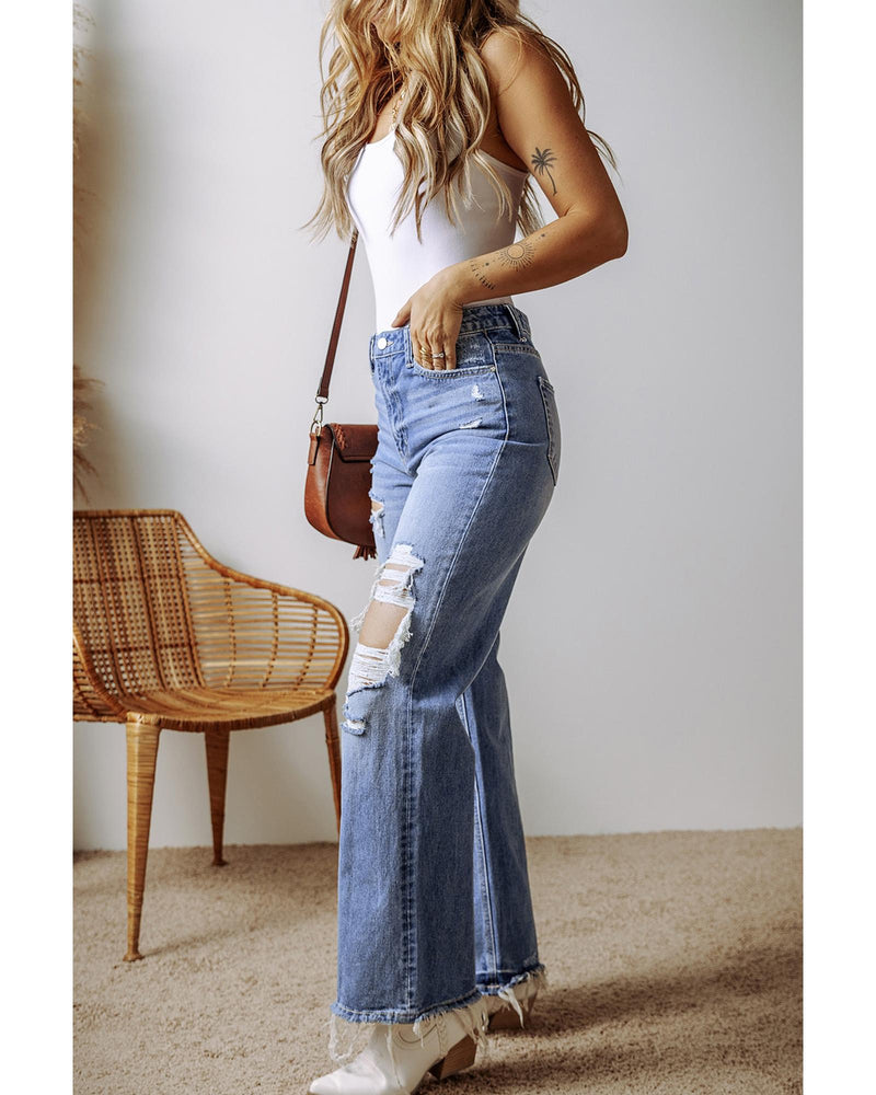 Ashleigh Blue Distressed Raw Hem Straight Leg High Waist Jeans - 14 US