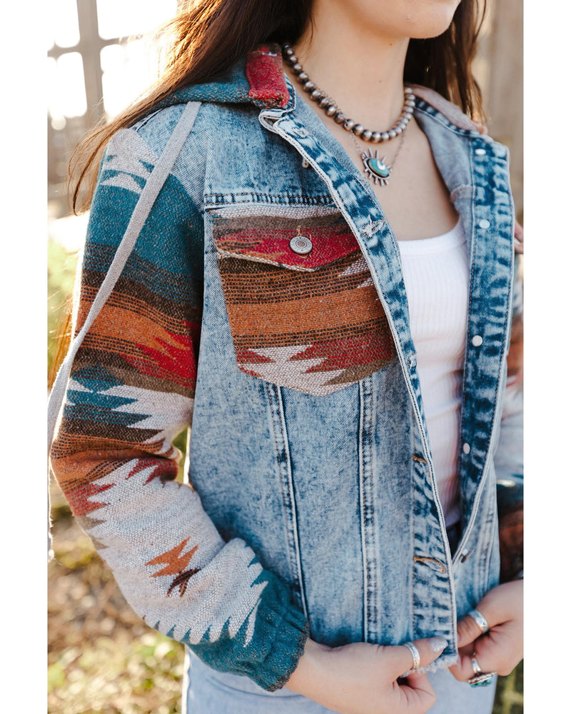 Azura Exchange Multicolor Aztec Print Frayed Hem Denim Jacket - M