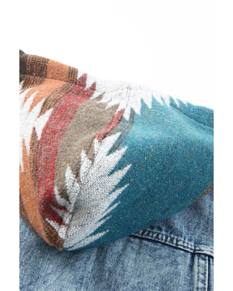Azura Exchange Multicolor Aztec Print Frayed Hem Denim Jacket - M