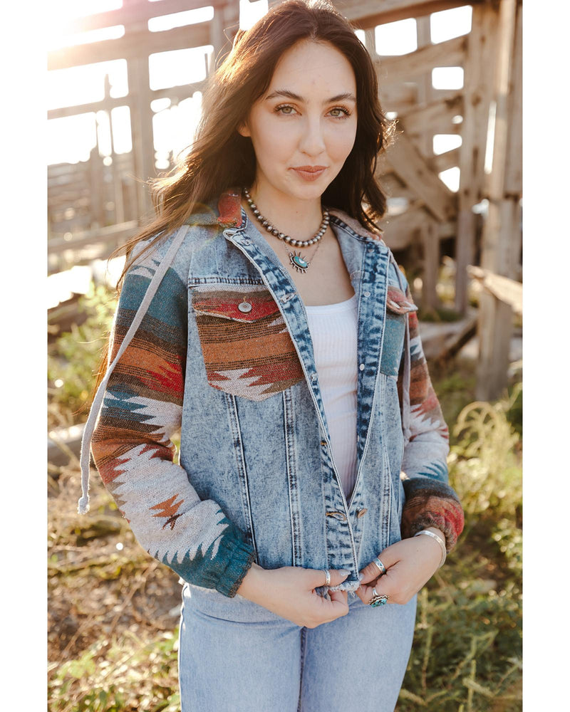 Azura Exchange Multicolor Aztec Print Frayed Hem Denim Jacket - M