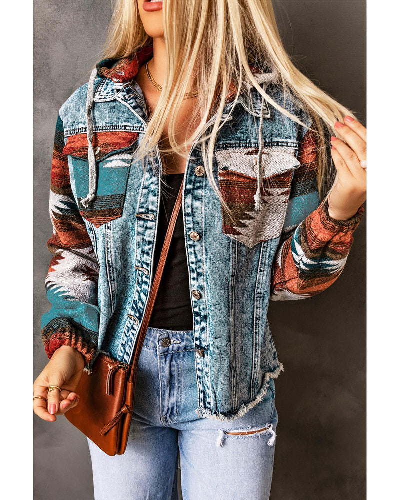 Azura Exchange Multicolor Aztec Print Frayed Hem Denim Jacket - S