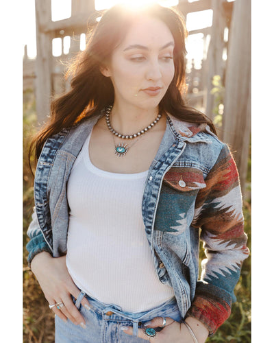 Azura Exchange Multicolor Aztec Print Frayed Hem Denim Jacket - S