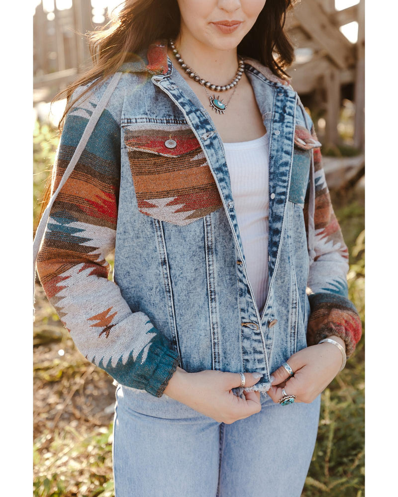 Azura Exchange Multicolor Aztec Print Frayed Hem Denim Jacket - S
