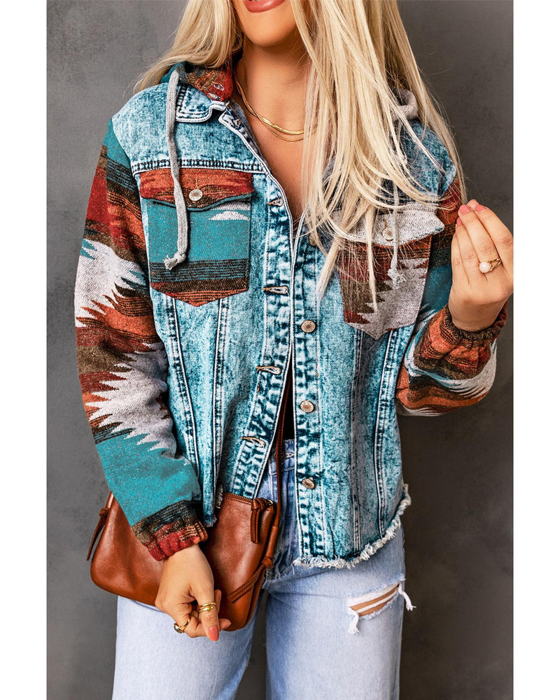 Azura Exchange Multicolor Aztec Print Frayed Hem Denim Jacket - S