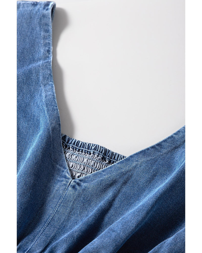 Ashleigh Blue V Neck Short Sleeve Smocked Back Denim Loose Jumpsuit - M