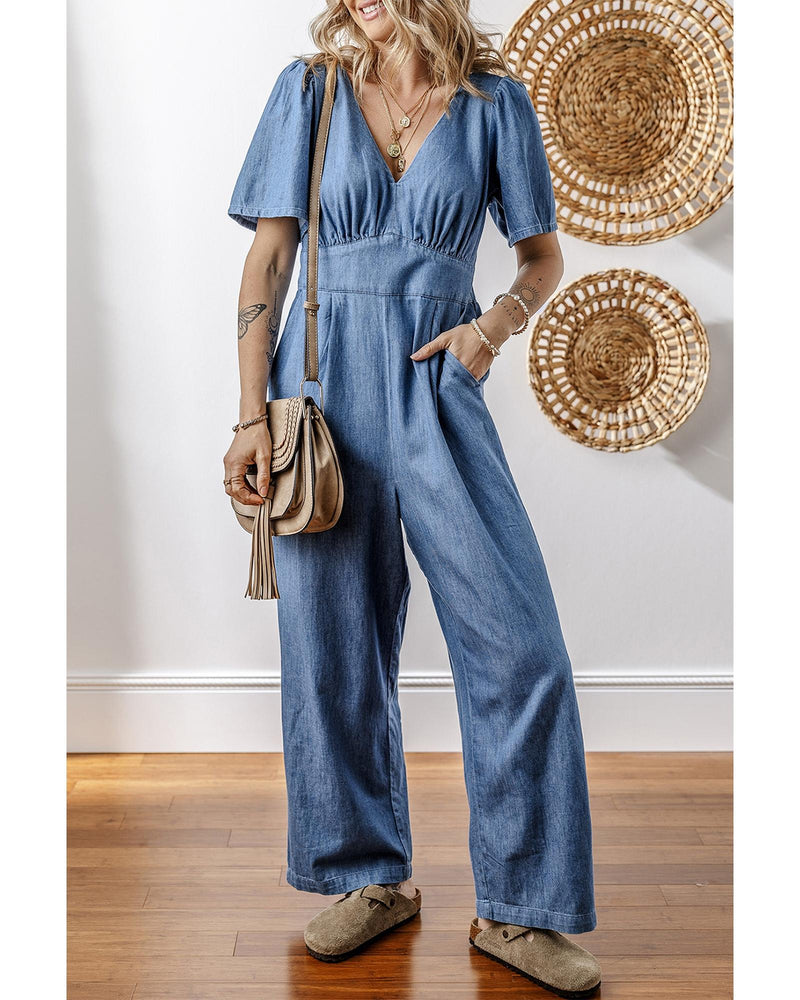 Ashleigh Blue V Neck Short Sleeve Smocked Back Denim Loose Jumpsuit - S