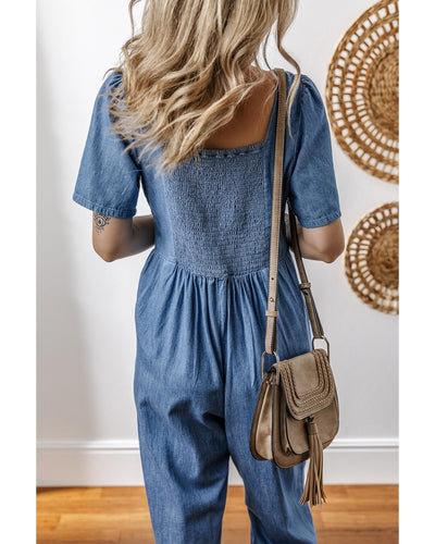 Ashleigh Blue V Neck Short Sleeve Smocked Back Denim Loose Jumpsuit - XL