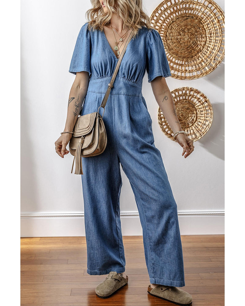 Ashleigh Blue V Neck Short Sleeve Smocked Back Denim Loose Jumpsuit - XL