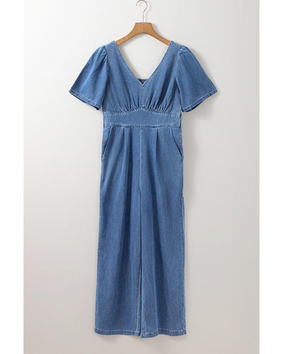 Ashleigh Blue V Neck Short Sleeve Smocked Back Denim Loose Jumpsuit - XL