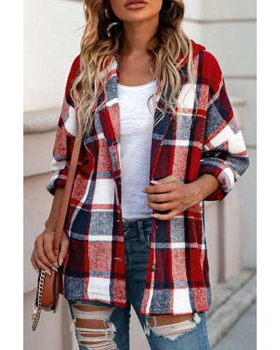 Azura Exchange Red Hooded Plaid Button Front Shacket - 2XL