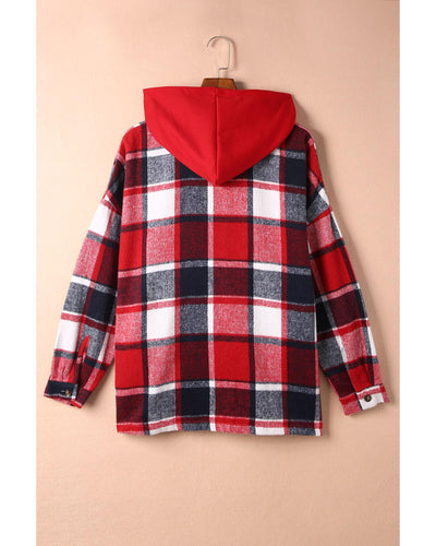 Azura Exchange Red Hooded Plaid Button Front Shacket - 2XL