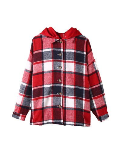 Azura Exchange Red Hooded Plaid Button Front Shacket - L