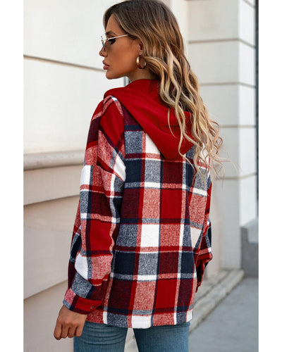 Azura Exchange Red Hooded Plaid Button Front Shacket - L