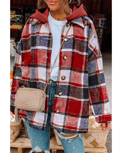 Azura Exchange Red Hooded Plaid Button Front Shacket - L