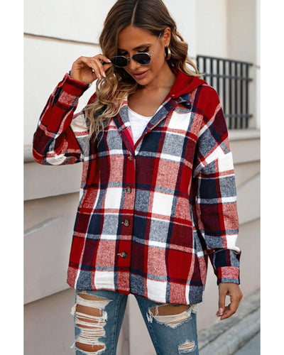 Azura Exchange Red Hooded Plaid Button Front Shacket - M