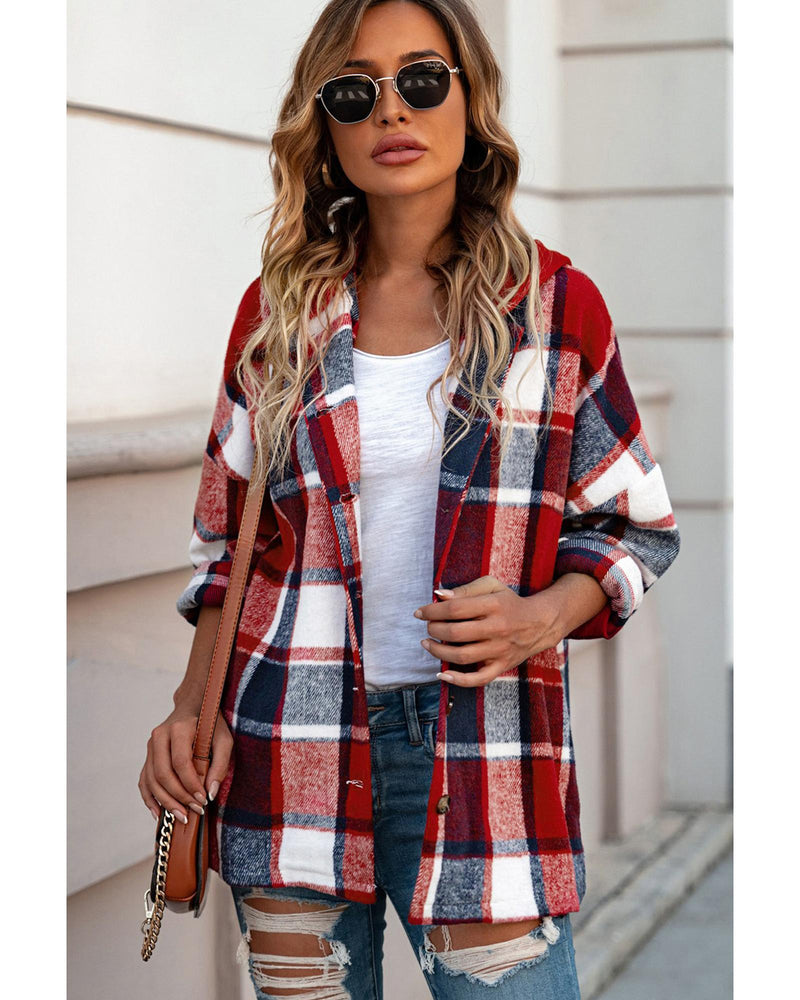 Azura Exchange Red Hooded Plaid Button Front Shacket - S