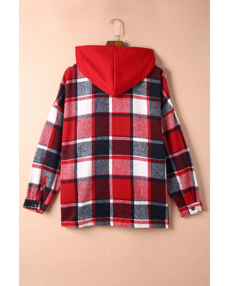 Azura Exchange Red Hooded Plaid Button Front Shacket - S