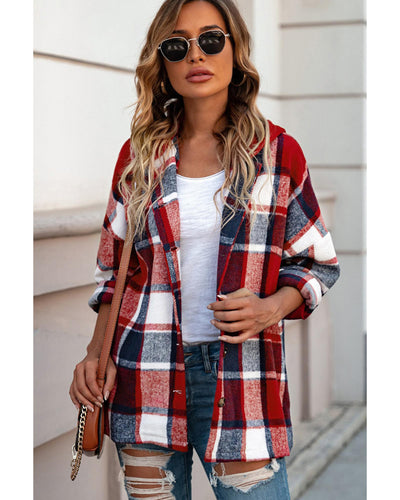 Azura Exchange Red Hooded Plaid Button Front Shacket - XL