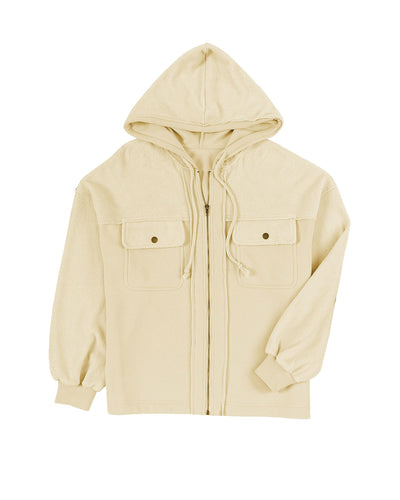 Apricot Flap Pocket Drawstring Hood Zip Up Jacket - S