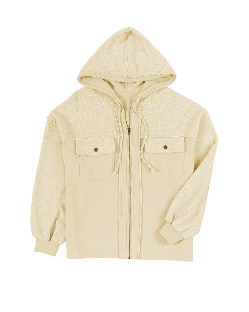 Apricot Flap Pocket Drawstring Hood Zip Up Jacket - S