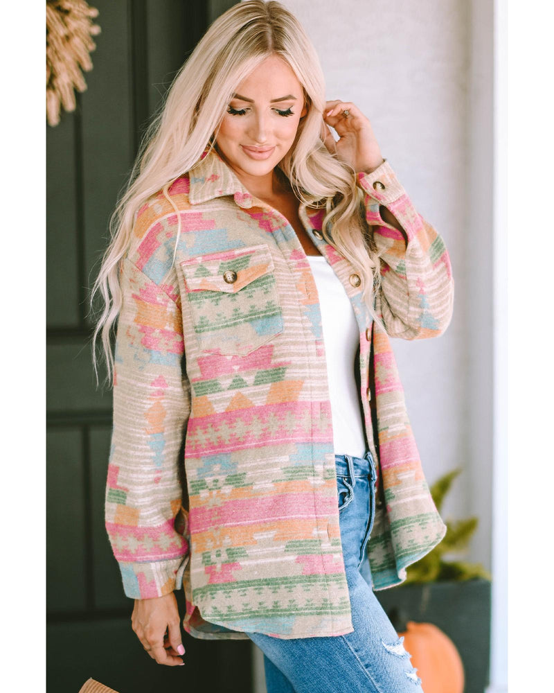 Azura Exchange Multicolor Western Aztec Print Button Flap Pocket Shacket - L