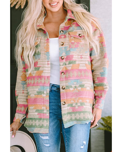Azura Exchange Multicolor Western Aztec Print Button Flap Pocket Shacket - L