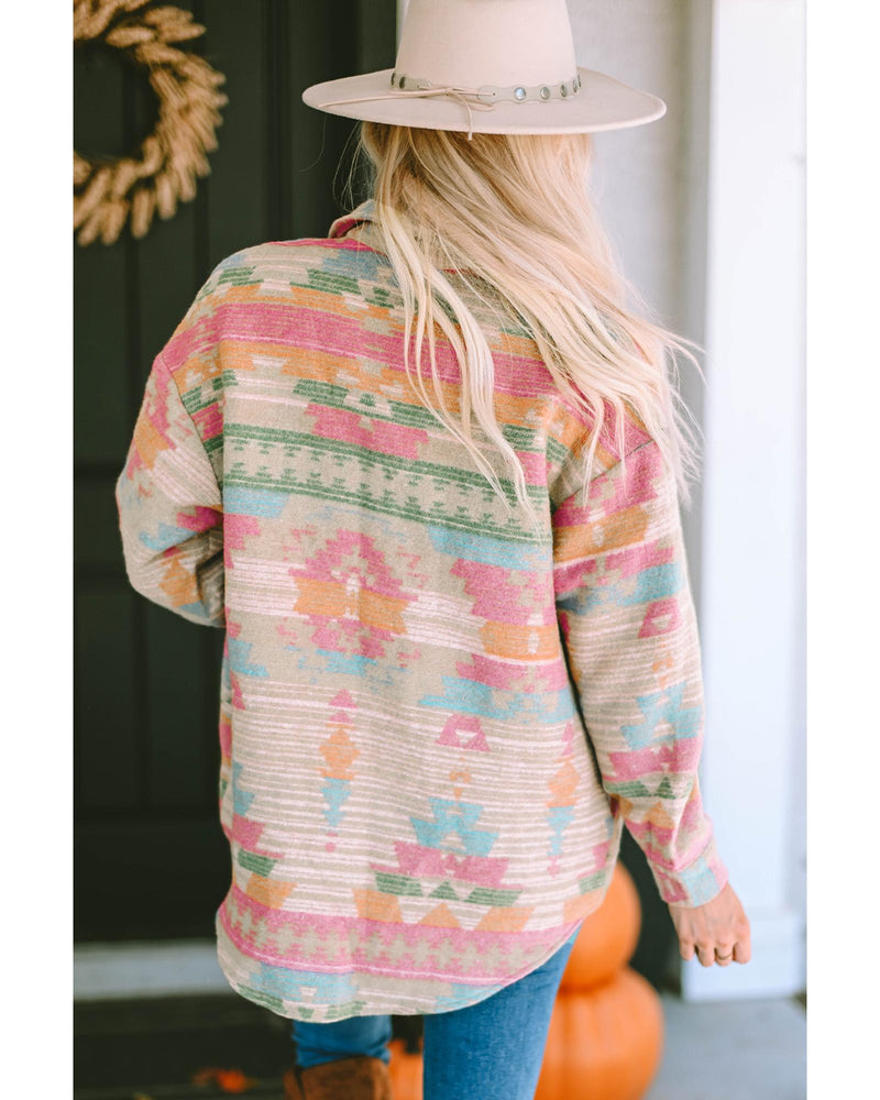 Azura Exchange Multicolor Western Aztec Print Button Flap Pocket Shacket - L